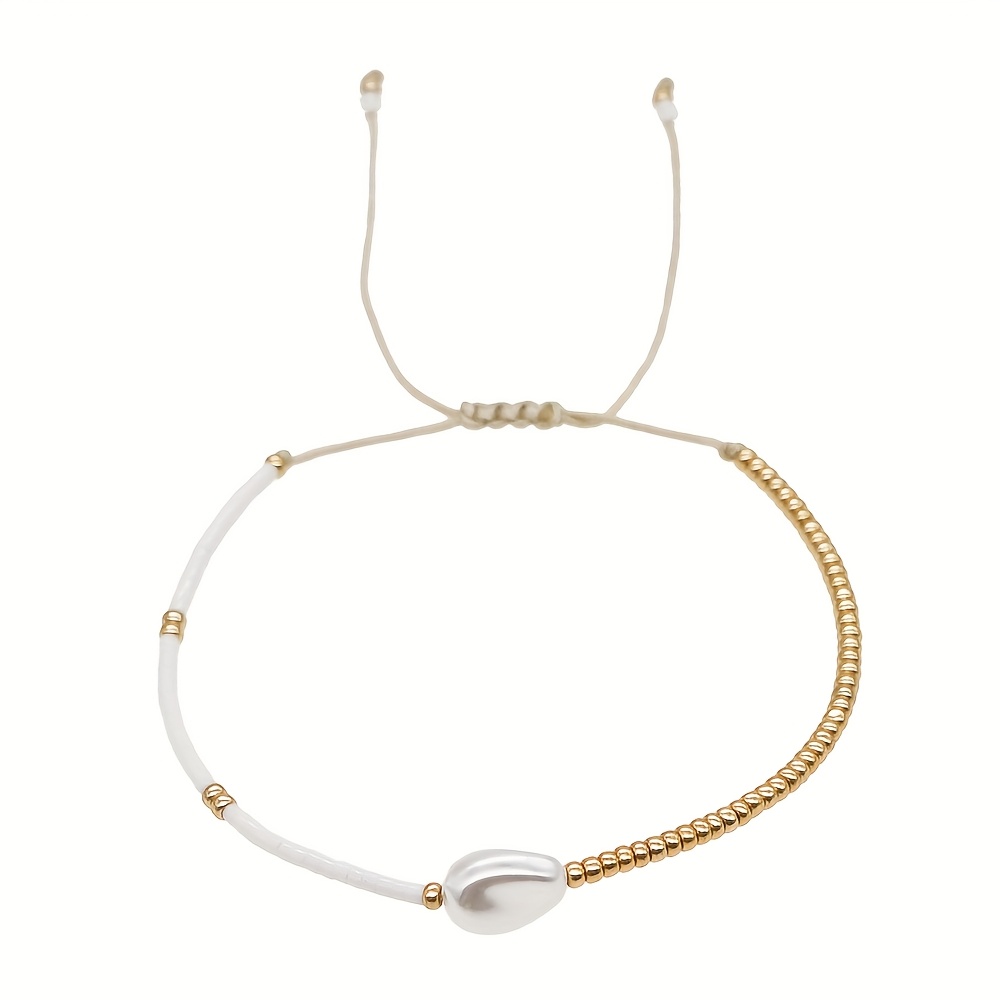 Image of A Women's Fashion Bracelet With A Bohemian Style, Featuring A Delicate Handmade String Of Pearls And Small Beads. This Adjustable Bracelet Is Wear And Makes A For Her