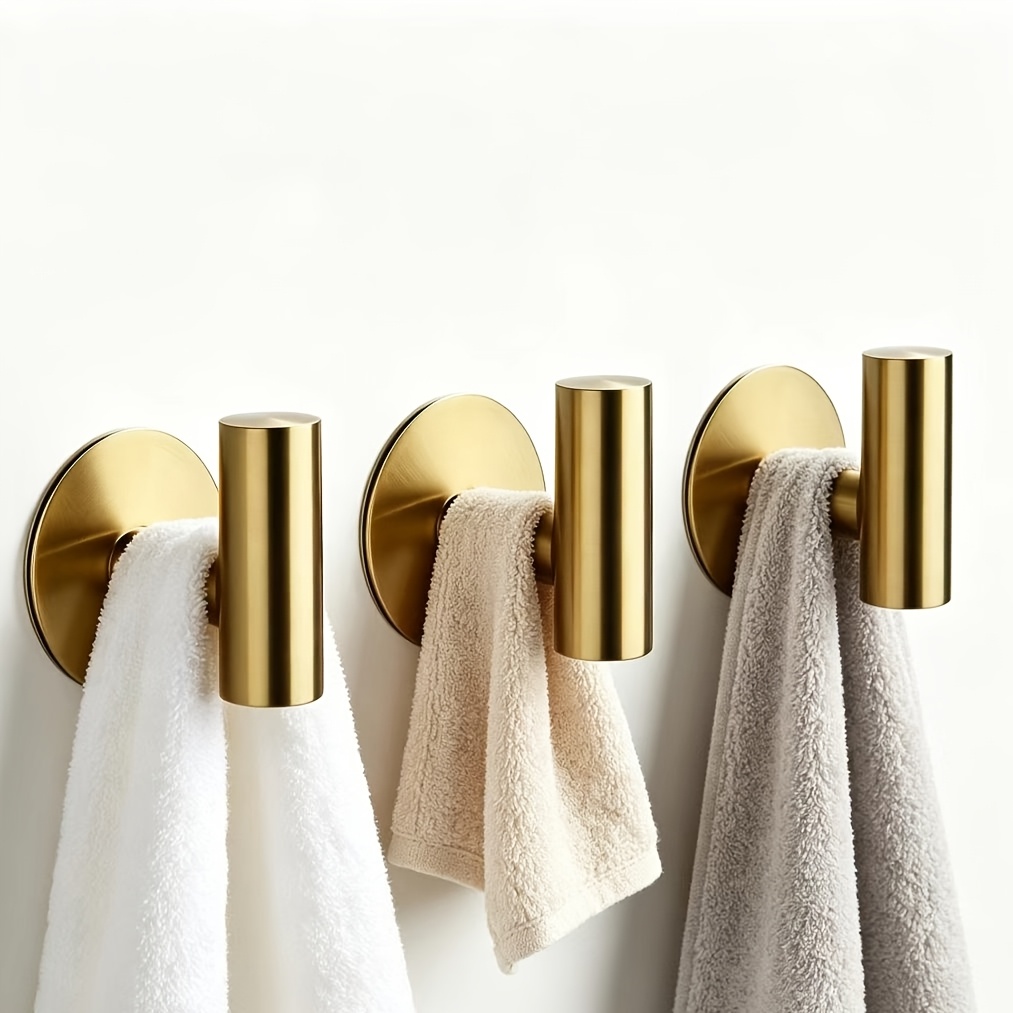 TEMU Lot de 3 crochets auto-adhésifs dorés pour garage, organisateur de maison, salle de bain, cuisine, porte-serviettes, porte-chiffons, perçage,