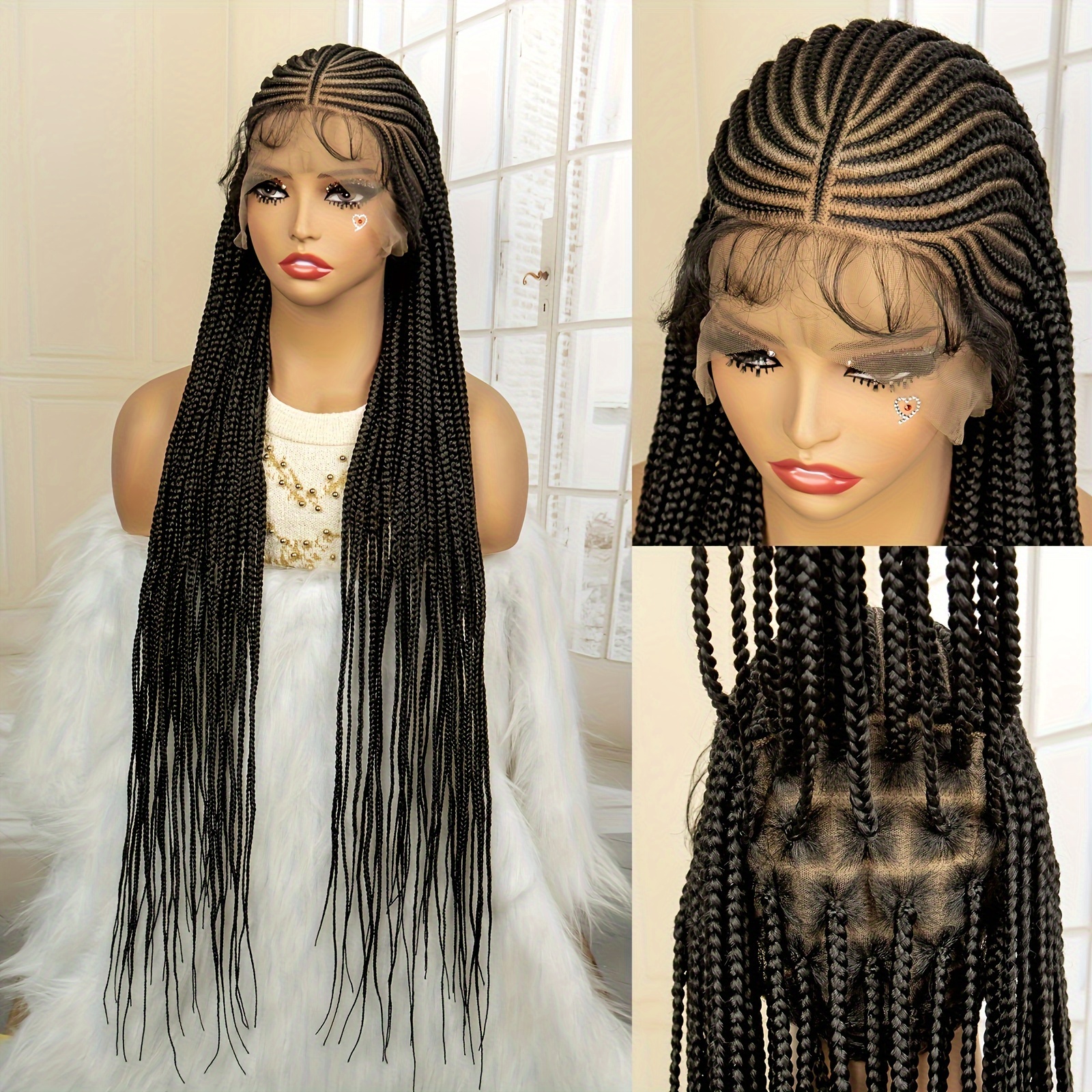 

Full Lace Synthetic Wig With Front Braided Hairstyle & Twisted Fiber Braids, Black Headgear