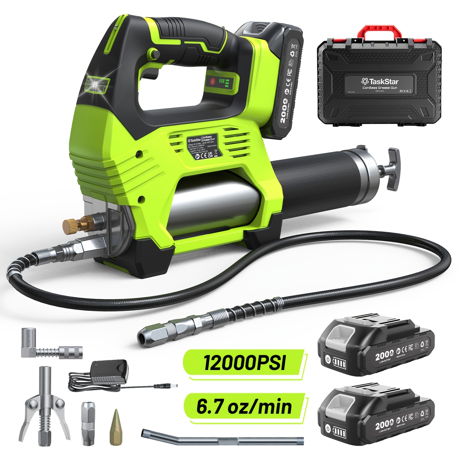 TEMU 12000psi Electric Grease Gun: 3-speed Control Battery Powered Grease Gun Cordless With 2 Batteries, Brushless Motor, 39.4" Long Hose, 90 Degree