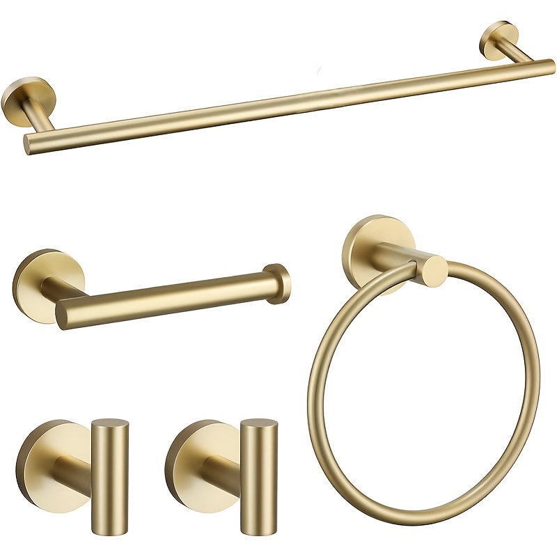 E-shop 5-teiliges Bürsten-Gold Edelstahl Badezimmer Hardware Set | Runder Wandmontierter Handtuchhalter und Zubehör-Set, Zeitgenössischer Stil, 201