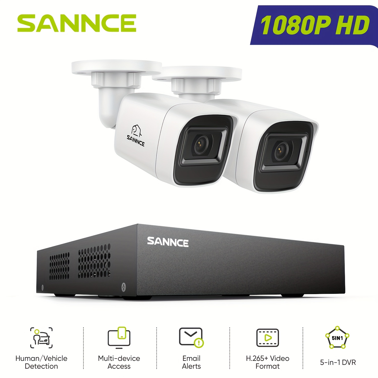 Image of Sannce Surveillance Camera Set 8ch 1080p Lite Dvr Recorder With 2x 1080p Camera Video Surveillance System, 20m Ir Night Vision, /vehicle Detection, H.265+