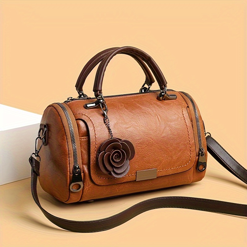 

Vintage Boston Handbag, Large-capacity Trendy Satchel Bag, Flower Pendant Zipper Purse