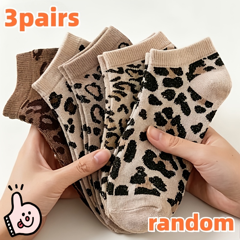TEMU Random 3 Pairs Of Women's Leopard Print Ankle Socks, Cute Low-cut Short Socks, Soft And Breathable Casual Ankle Socks, Fashionable Animal Print