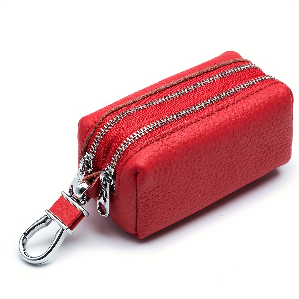 Leather Key Case With Zip, Red, Key Wallet