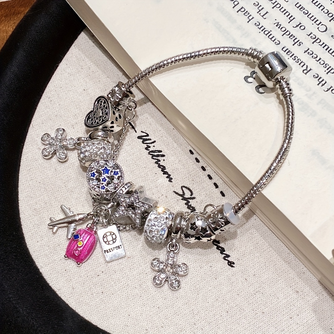TEMU 1pc Fashionable Diy Beaded Bracelet With Airplane, Suitcase & Passport Pendant, Daily Wear Accessory Gift