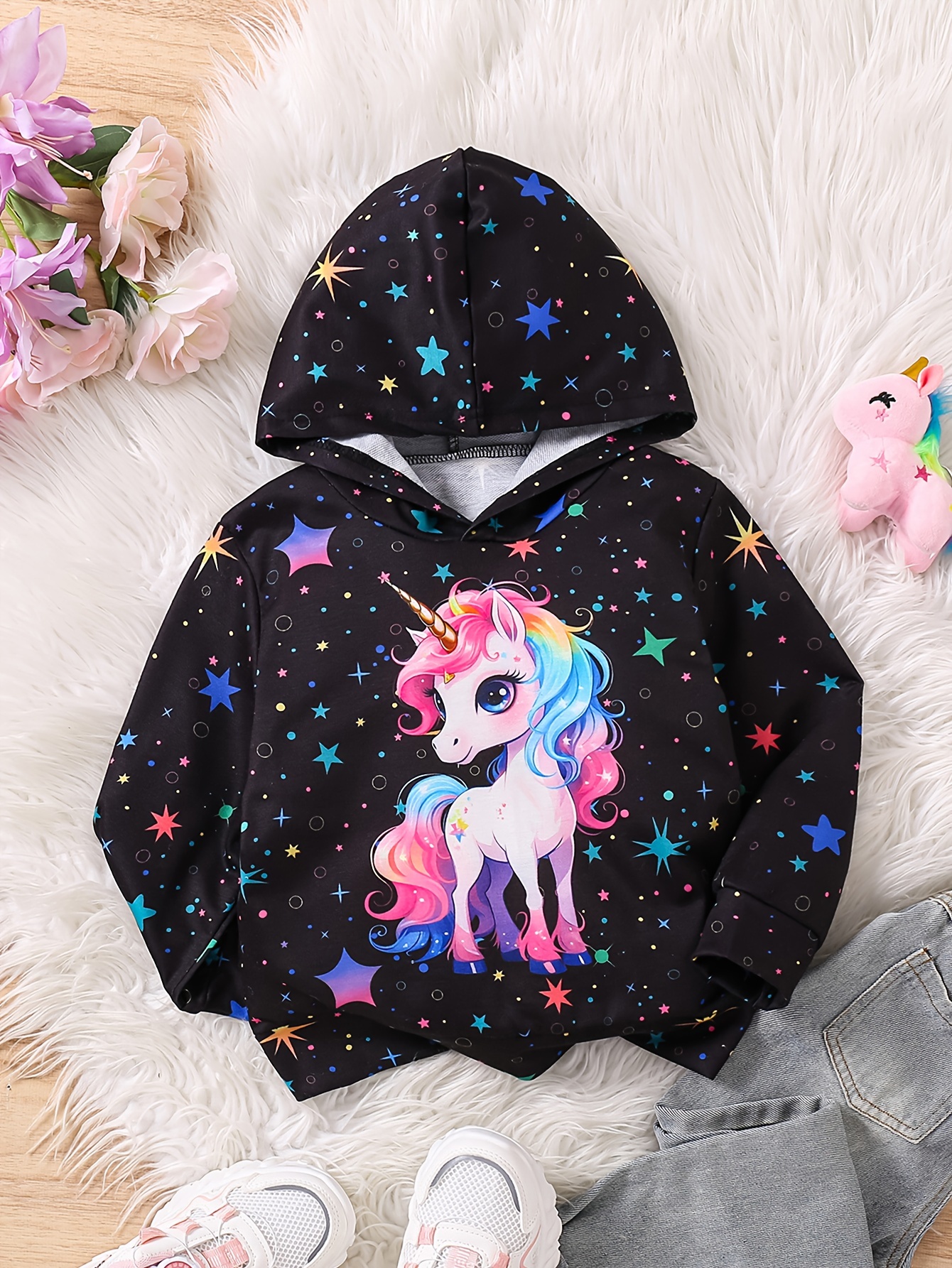 girls fashion print unicorn long sleeve hoodie colorful Temu Bahrain