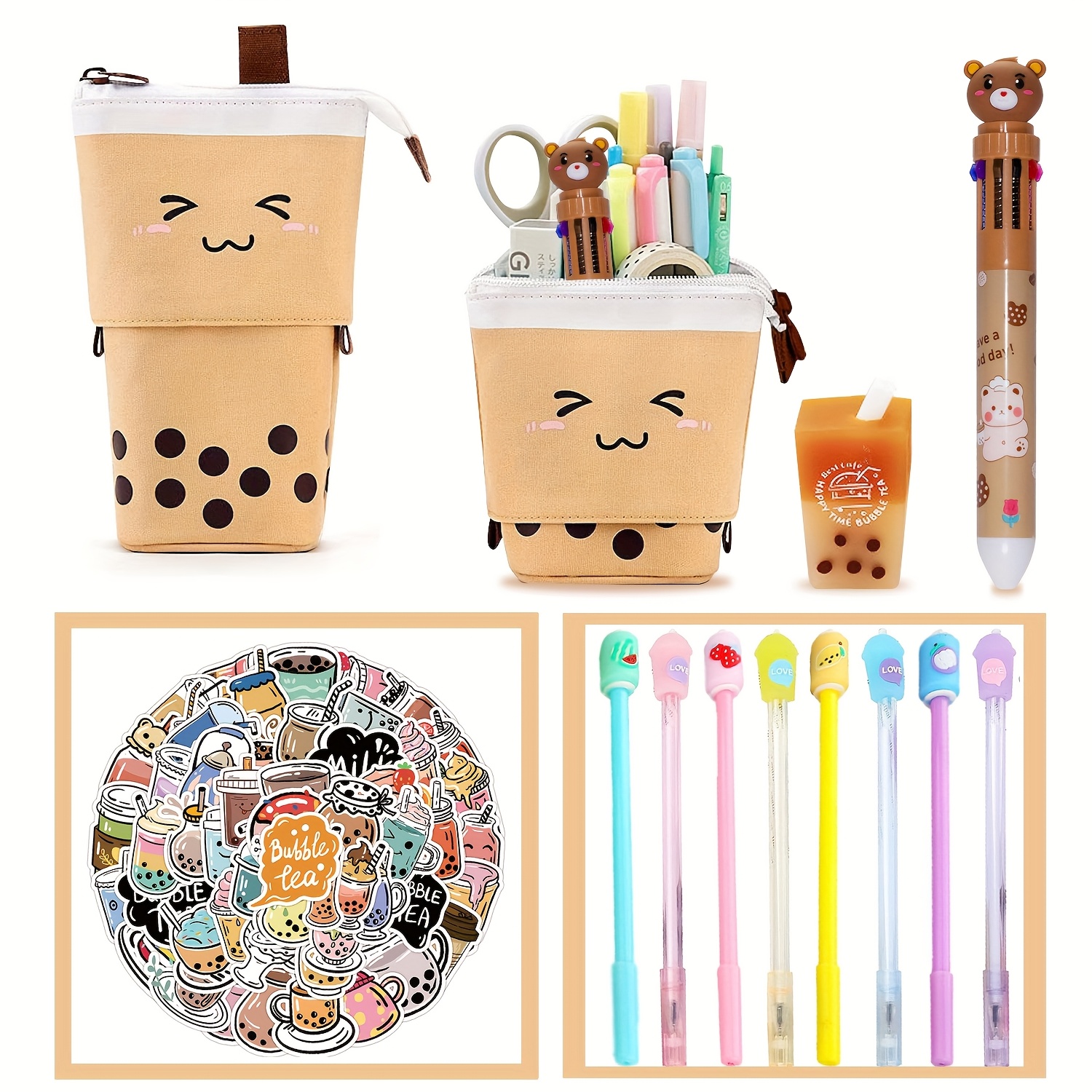 

Standing Pencil Case Cute Telescopic Pen Holder 61pcs Set With Kawaii Pop Up Stationery Pouch 8 Pens 50 Tea Stickers Pen School Office Supplies Christmas Gifts