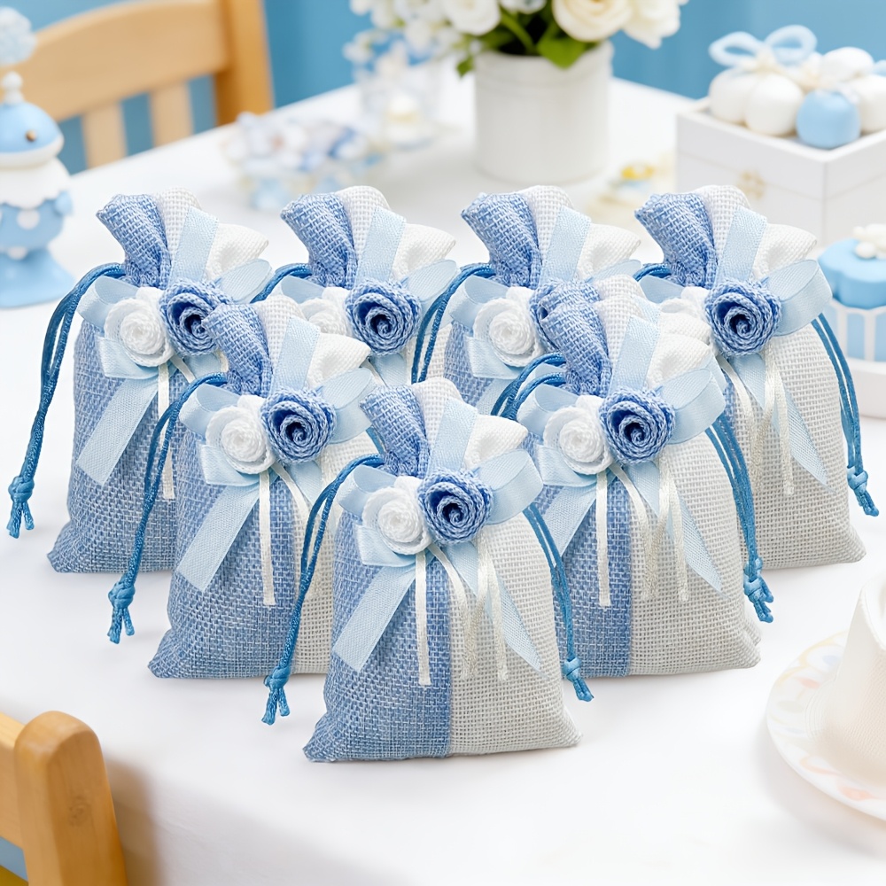 10pcs Blue and Pink Drawstring Gift Bags with Floral Design
