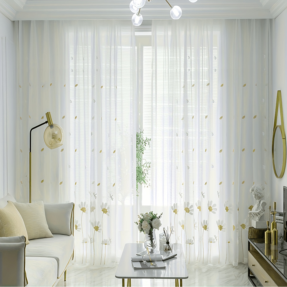 TEMU 1pc, , Light Yellow Daisy Embroidered Sheer Curtain, , Breathable Mesh Fabric, Rod Pocket, Washable, Lightweight And Quick-drying, Beautiful And