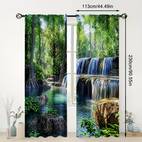 2pcs waterfall landscape print curtains rod for easy hanging vibrant forest cascading water scene living room bedroom office durable polyester fabric rod not included