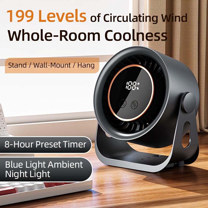 Image of Fan / Digital Display / Desktop Oscillating Fan, 199-speed Wind Adjustment, Usb Rechargeable Silent Desktop Turbo Fan, Hung, Suitable For Desktops, Camping, , Travel, Night Markets, Work, Study, Etc.