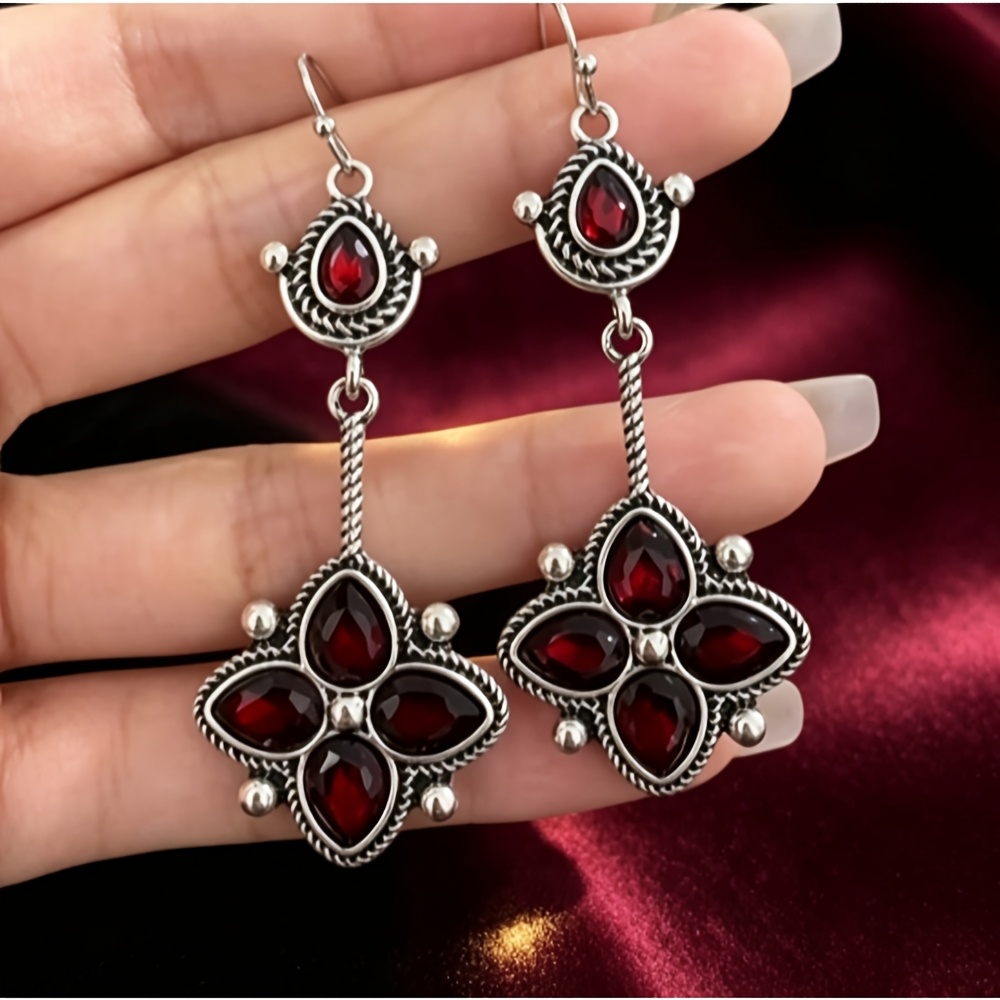 TEMU Retro Bohemian Red Synthetic Zirconia Pendant Earrings, Antique Silvery Twisted Cord Carved Craft, Ethnic Style Women's Floral Tassel Hook
