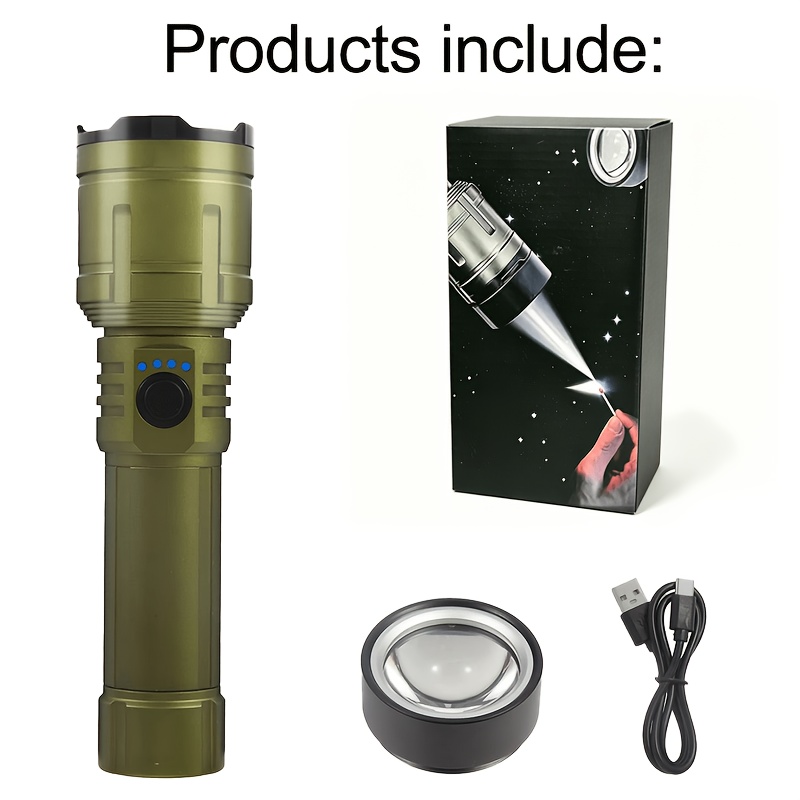 TEMU Lampe de poche LED avec bouton d'allumage, haute puissance, lampe de poche ultra-lumineuse à haute lumière, avec lentille de , rechargeable,