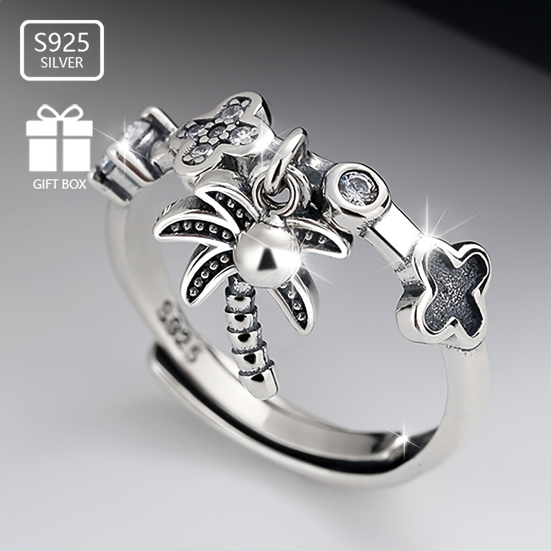 

1pc Vintage 925 Sterling Silver Adjustable Ring With & Clover Design, 18k Golden Plated, Synthetic Zirconia, Ideal For Mardi Gras, Christmas & New Year Gifts, Party & Music Festival Accessory