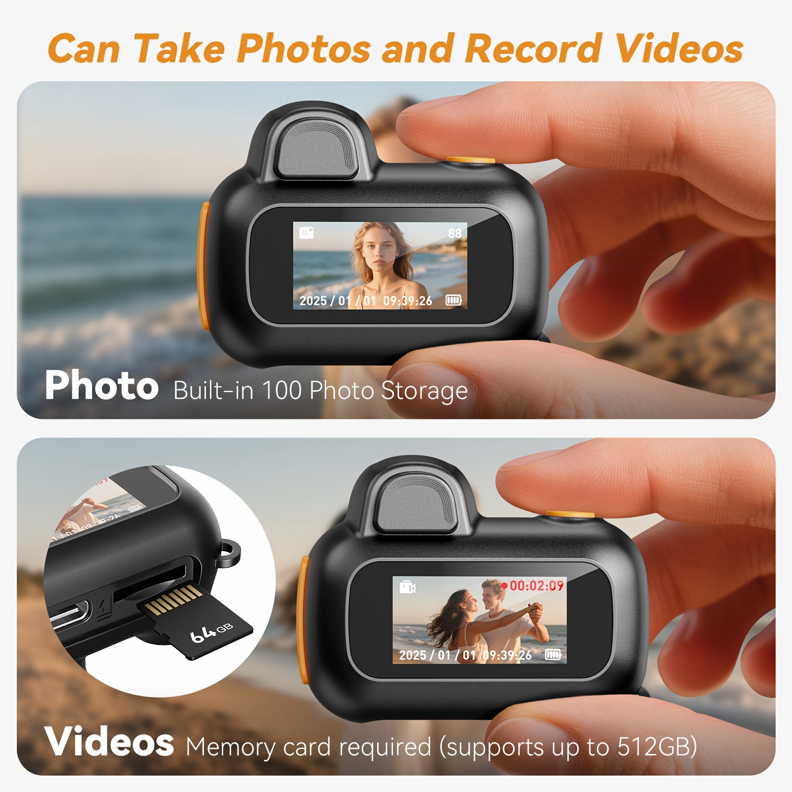 1080P HD Mini Digital Camera with 64GB SD Card - Portable Pocket Camera, 4 Filters & Auto Fill Flash for Low Light, Built-in 100 Photo Storage, 4 Zoom Modes, 300mAh Battery, Includes Metal Carabiner & Lanyard for Travel Daily Use