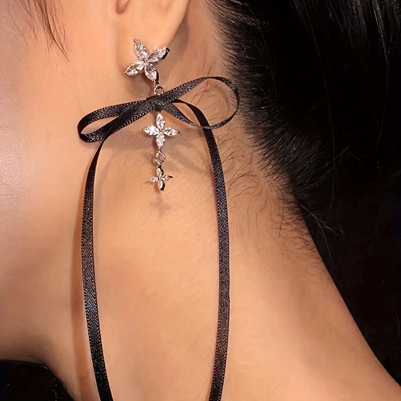 Asymmetrical Ribbon Bow Tassel Statement Stud Earrings