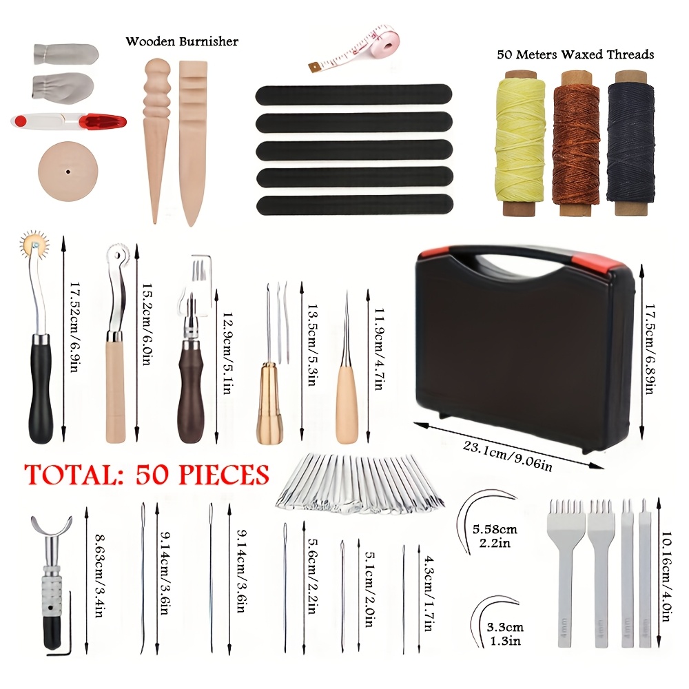 TEMU Kit de 50 outils de maroquinerie avec boîte, fils cirés, poinçon à dents, ébavureur de bord, aiguilles, pour coudre, poinçonner, couper pour la