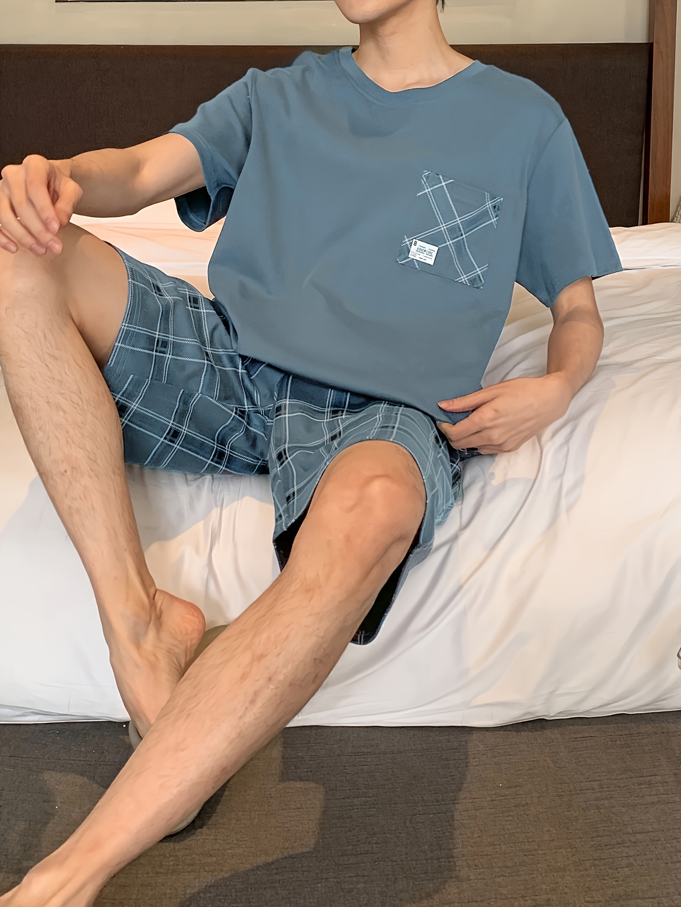 Men's Cotton Casual 2 Piece Pajama Set, Thin Short Sleeve Lounge Wear & Shorts, Fashionable Comfy Home Wear Set