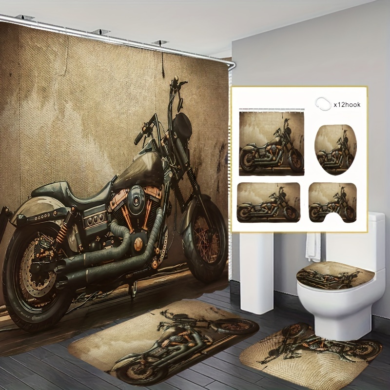 

1/4pcs Creative Motorcycle Pattern Shower Curtain Set, Retro Bathroom Shower Curtain, Waterproof Shower Curtain, Bathroom Rug, Toilet U-shaped Pad, Toilet Seat, Bathroom Decoration With 12 Hooks