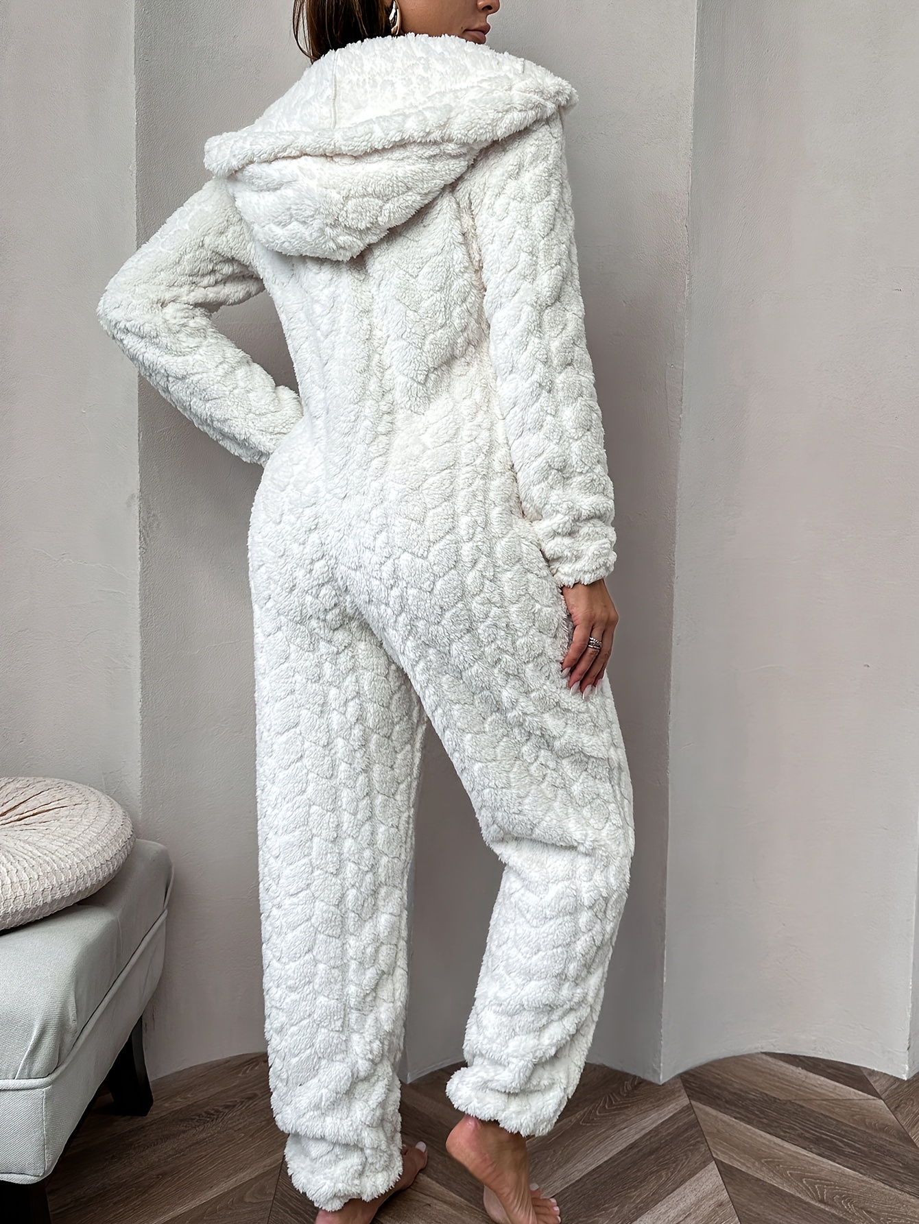 autumn and winter 1pc womens solid color jacquard plush hooded jumpsuit pajamas milky 2