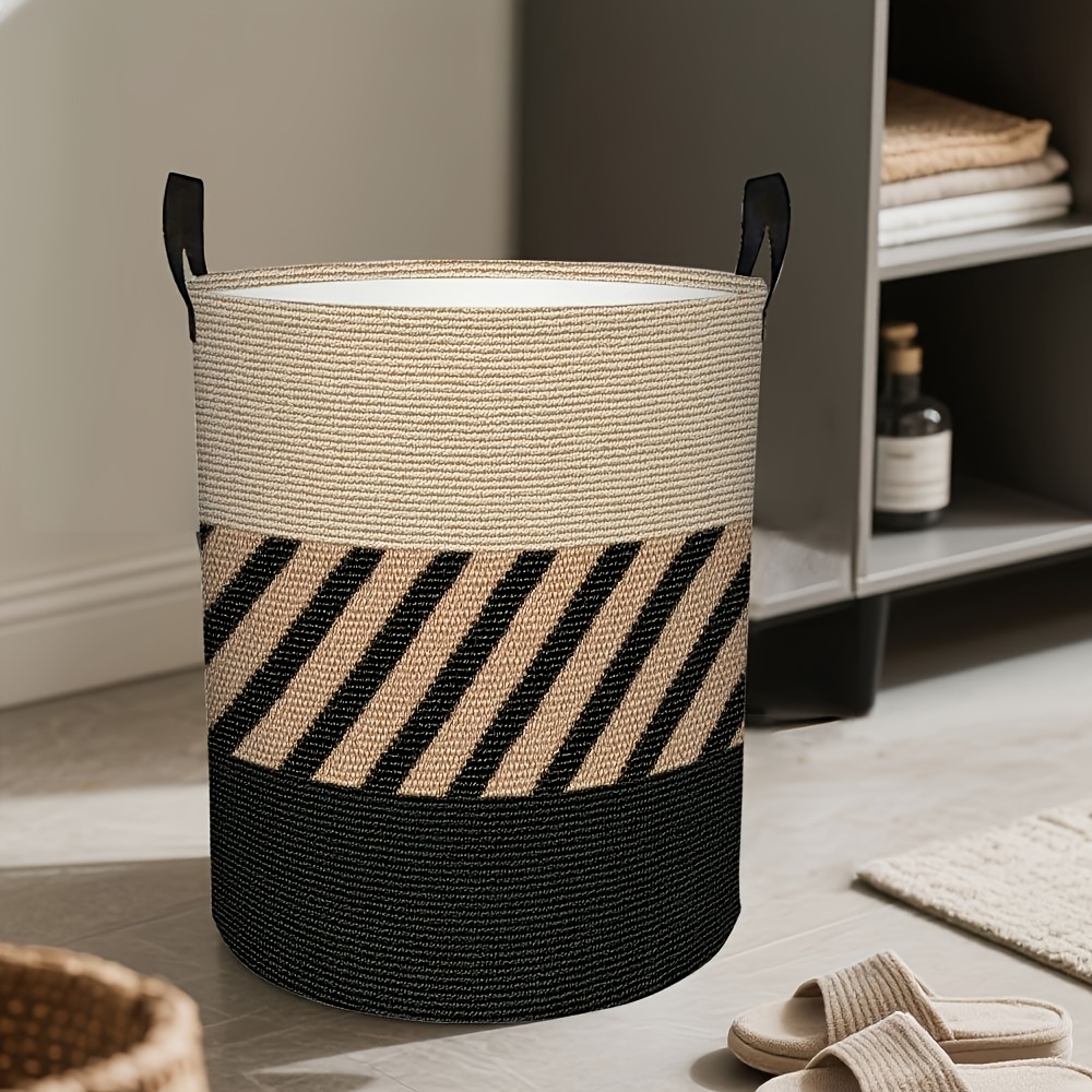 TEMU 1pc Bohemian Foldable Round Laundry Basket Neutral Earth- Striped Pattern With Sturdy Handle Suitable For Bathroom And Room Organization For