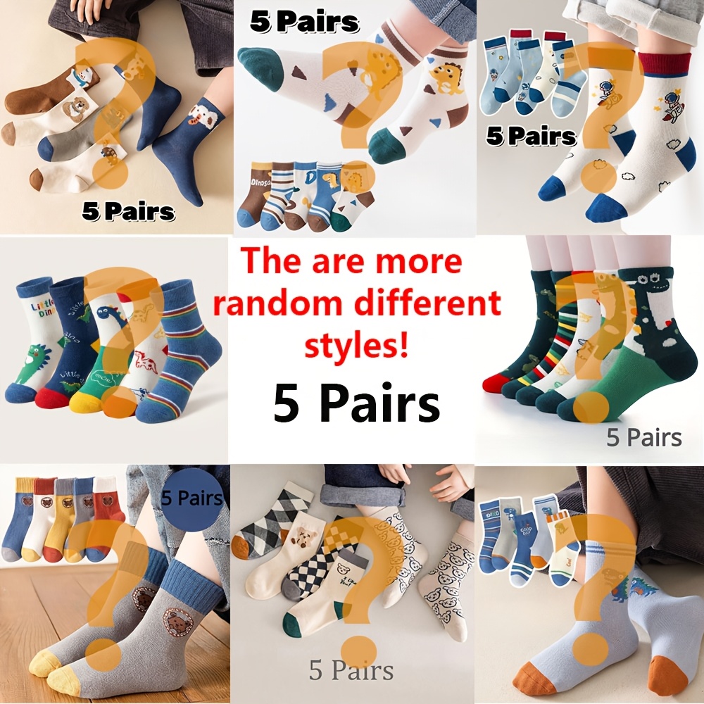 Image of 5 Pairs Of Random Styles Worn Sports Boys And Girls Gift Mid-calf Socks Children's Socks,fall And Winter Clothes