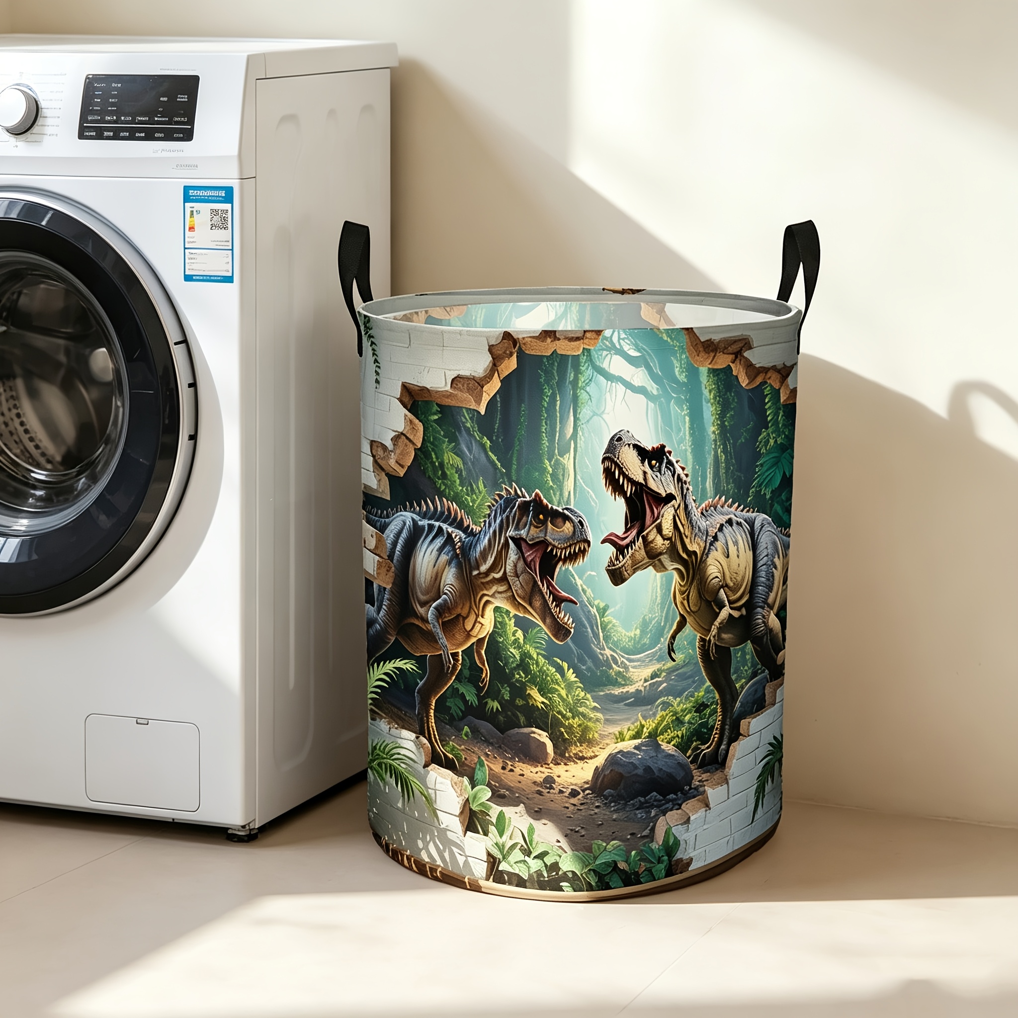 TEMU 1pc Dinosaur Storage Basket With Wall Print - High Quality Laundry Hamper Suitable For Bedroom, Bathroom, Room Decor, Portable Round Basket With