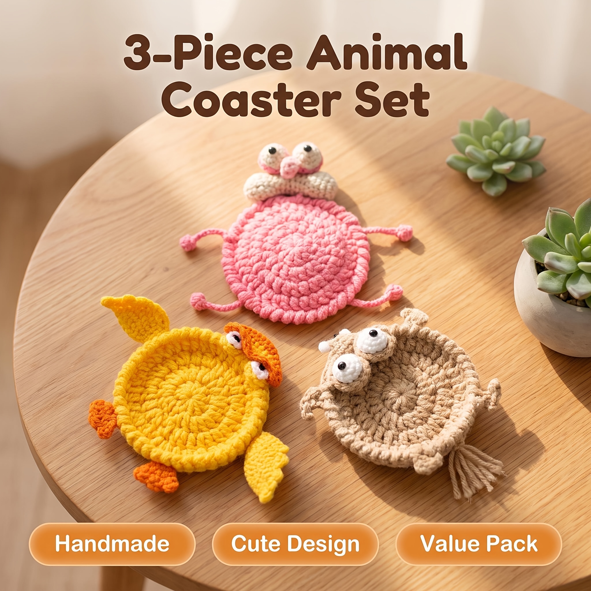 TEMU 3pcs Set Of Hand Crochet Cartoon Animal Shaped Coasters Creative Ugly Cute Squirrel Duck Leopard Knit Tea Cup Mat Home Office Desktop Decoration