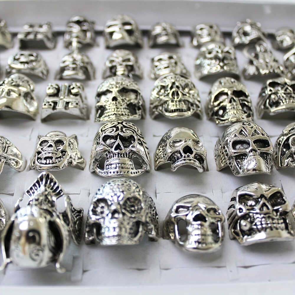 

25/50pcs Wholesale Lot Gothic Punk Skull Antique Silvery Rings Mixed Style Jewelry, Pefect For Halloween Party Daily Outfits