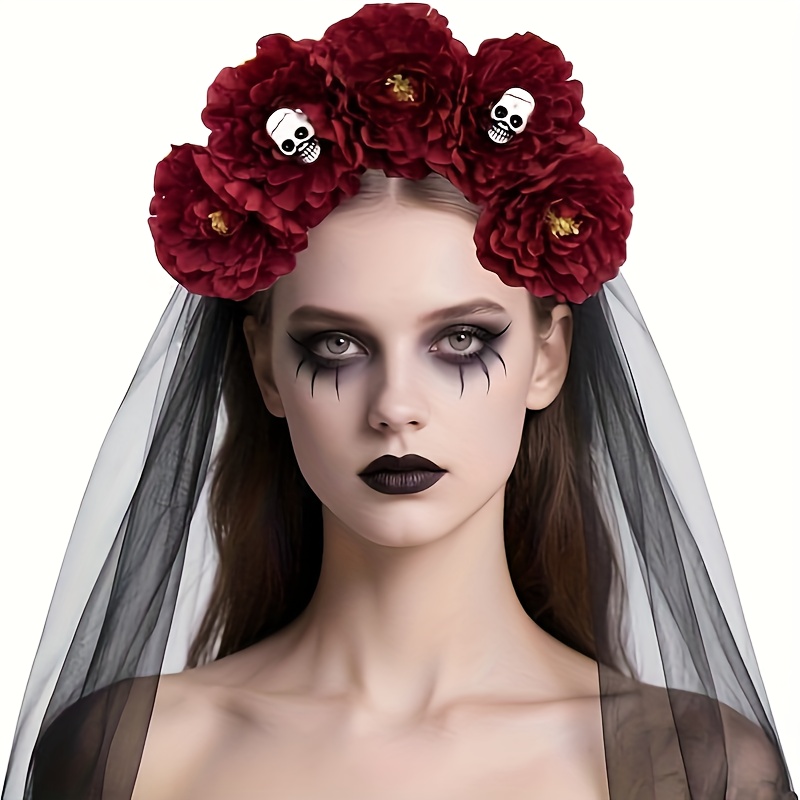 TEMU Women's Gothic Style Flower Skull Headwear With Veil, The Theme Design Of The Dead, Suitable For Halloween Role-playing And Photography, Elegant