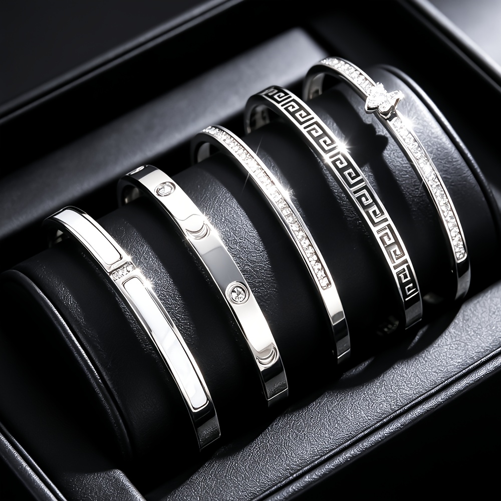 Stainless Steel Open Bangle Bracelet, Elegant White Element Design