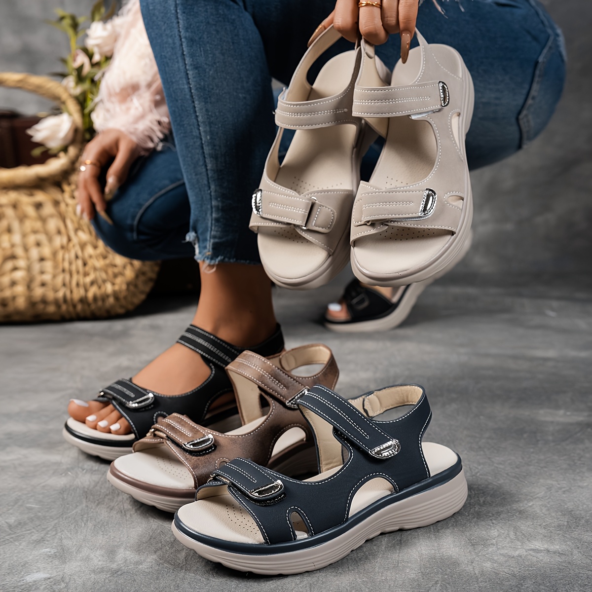 womens summer casual black sandals breathable pu cover open toe platform heel adjustable ankle strap with hook loop closure comfortable wedge heel stylish beach footwear for   strappy sandals Product details 0