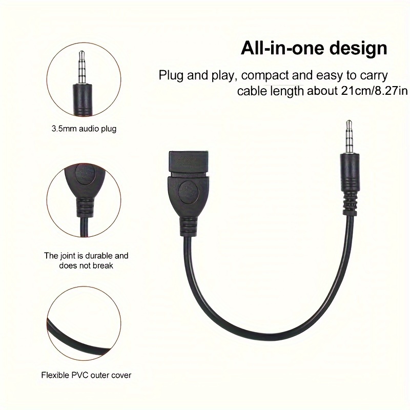 3.5mm AUX to USB Audio Cable, Black Car AUX Adapter, USB Headphone Converter, Male to Female, Miniusb Connector, USB Powered, ?36V Operating Voltage, No Battery Required