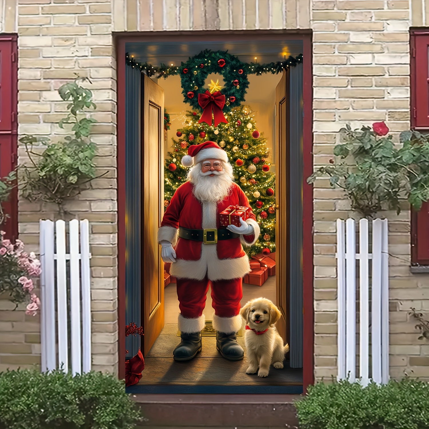 

Santa Claus & Christmas Tree Door Cover - 35.4x70.8" Holiday Decoration, Hanging For Entrance And Room