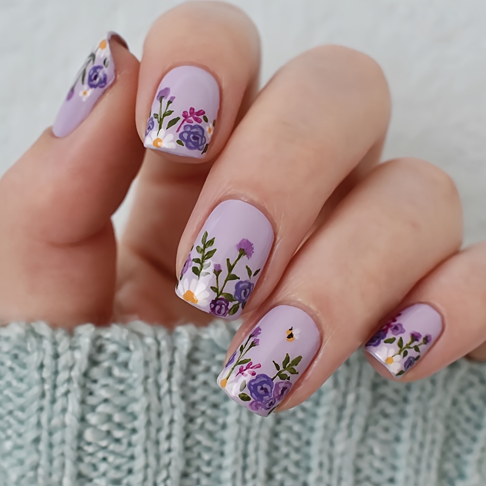 

24-piece Short Square Press On Nails Set - Elegant Purple Floral And With - Removable Fashion Kit
