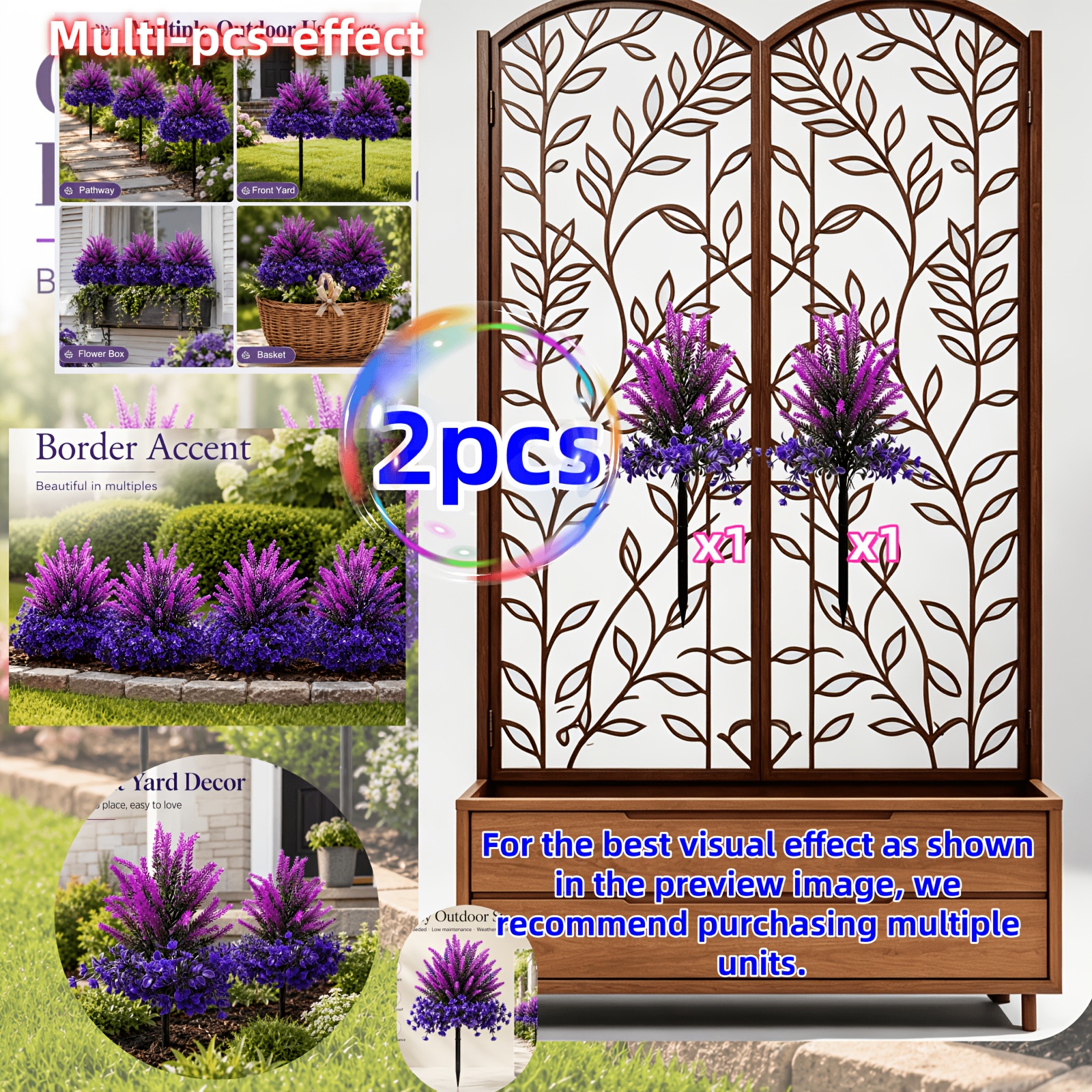 2pcs Beautiful Artificial Real Lavender Ground Bouquet, With Stakes, Stable And Non-tipping Placement, Exquisite And Vivid , Replicating Lavender Layered Beauty. Suitable For Outdoor Courtyard