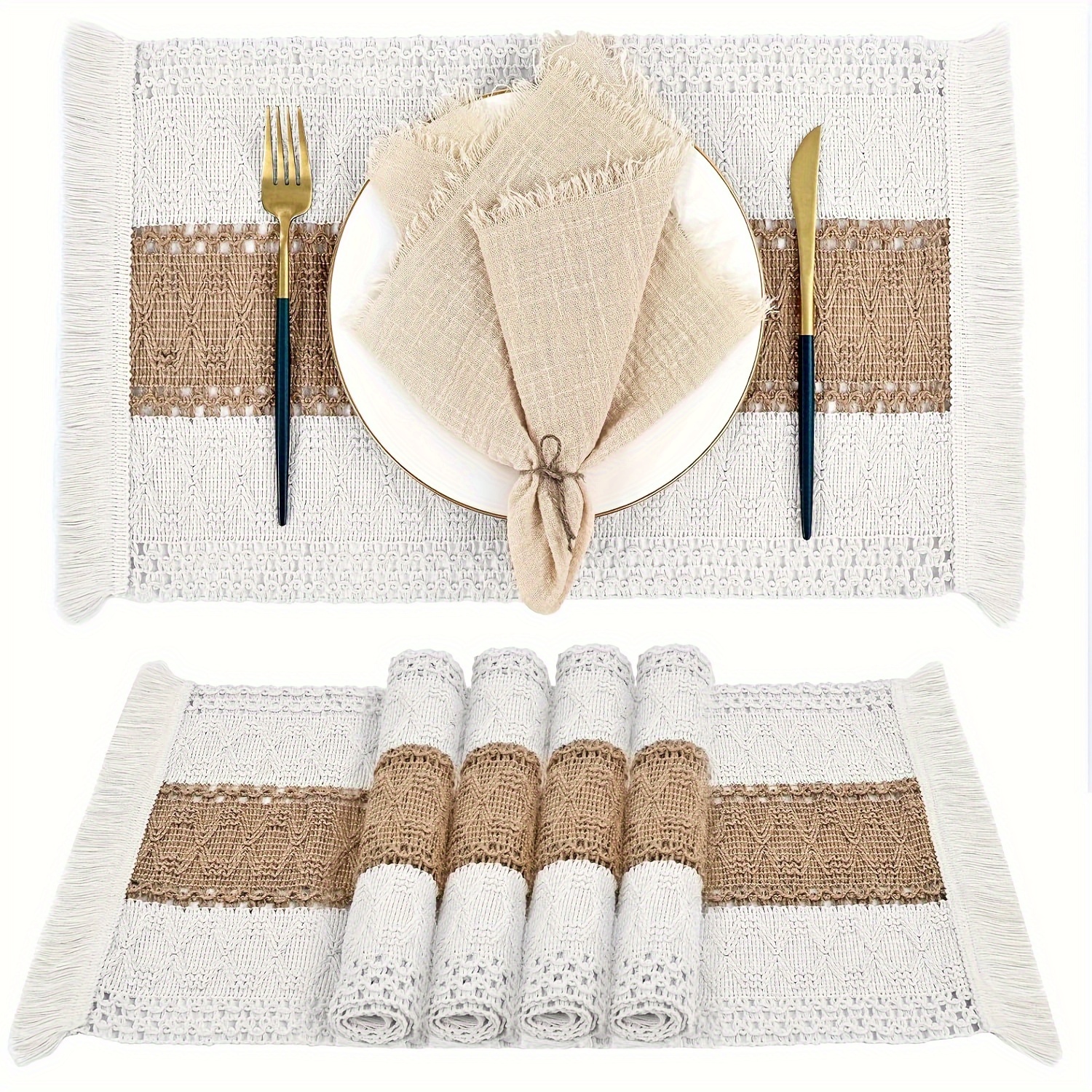 Image of 4/6/8pcs Boho Chic Placemats, Striped Rectangle Table Mats Farmhouse Rustic Cream Brown , For Coffee Table, Home Decoration, And Holiday Entertaining, And Easy To Clean, Dining Room Decor
