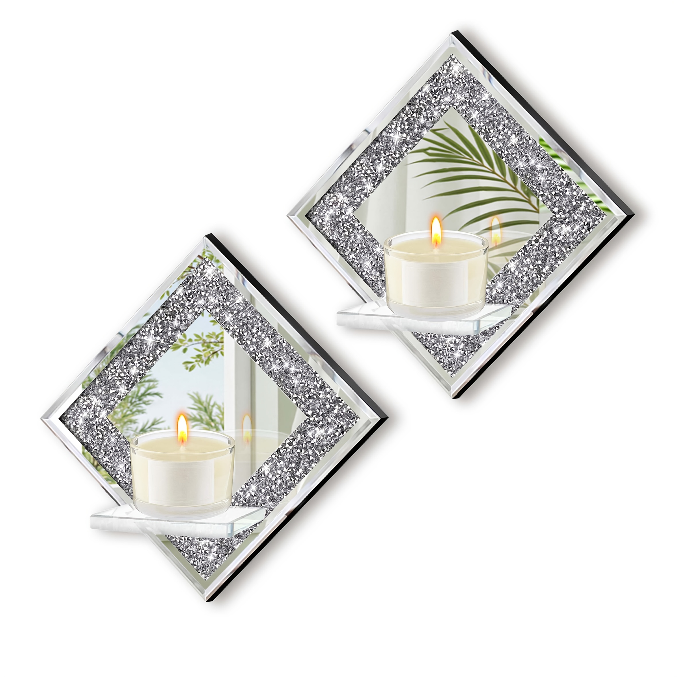 E-shop Diamant-Wandkerzenhalter-Set, 2er-Set, Diamant-Wandkerzenleuchter mit silbrigem Spiegel-Finish, Wanddeko für Wohnzimmer, Esszimmer Schlafzimmer