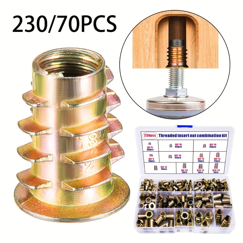 

230/70pcs Wood Thread Insert Tool Kit, Furniture Bolt Nut Connector, Hex Socket Driver For Wooden Furniture Assortment