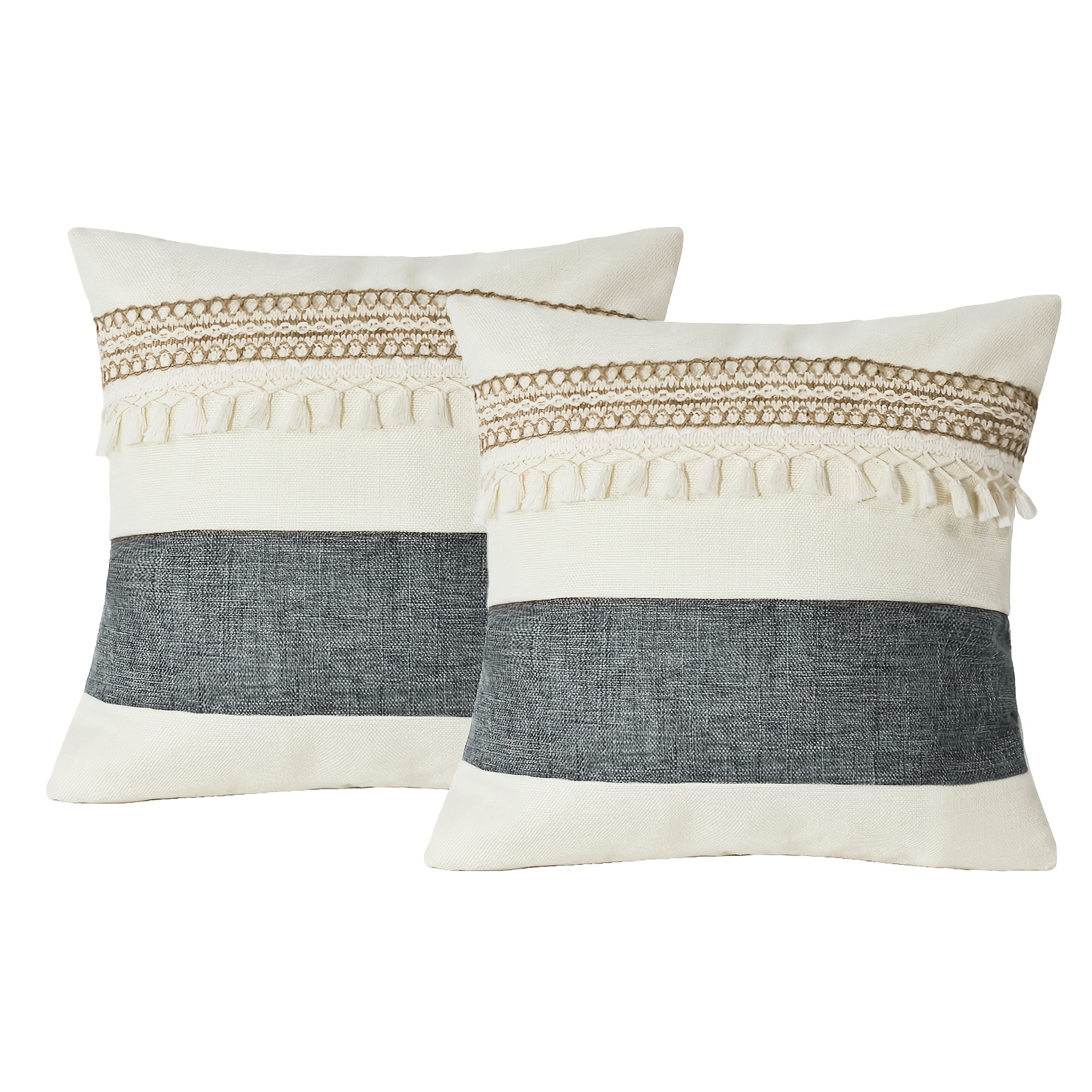 2pcs Bohemian Style Fringed Pillowcases, Beige And Khaki Farmhouse Style Textured Pillowcases, Neutral Cushion Covers, Suitable For Sofa, Bedroom, Home Decor, Pillow Inserts Not Included