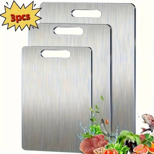 item picture 3pcs food grade stainless steel cutting board set thick durable chopping board set easy to clean rust proof mold free bpa saving for home kitchen ideal for vegetables fruits fish meat use separately for hygiene