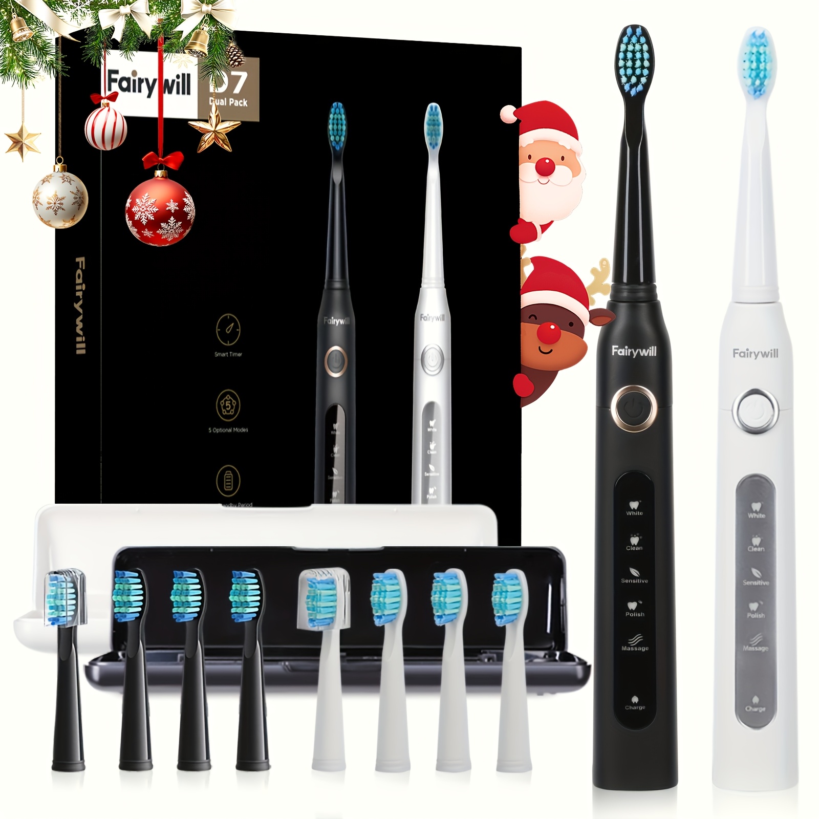 Fairywill 2packs Electric Toothbrush For Adult, Toothbrushs Set With 2 Travel Case 5 8 Replaceable Heads 2 Minutes Timer Couple's Set