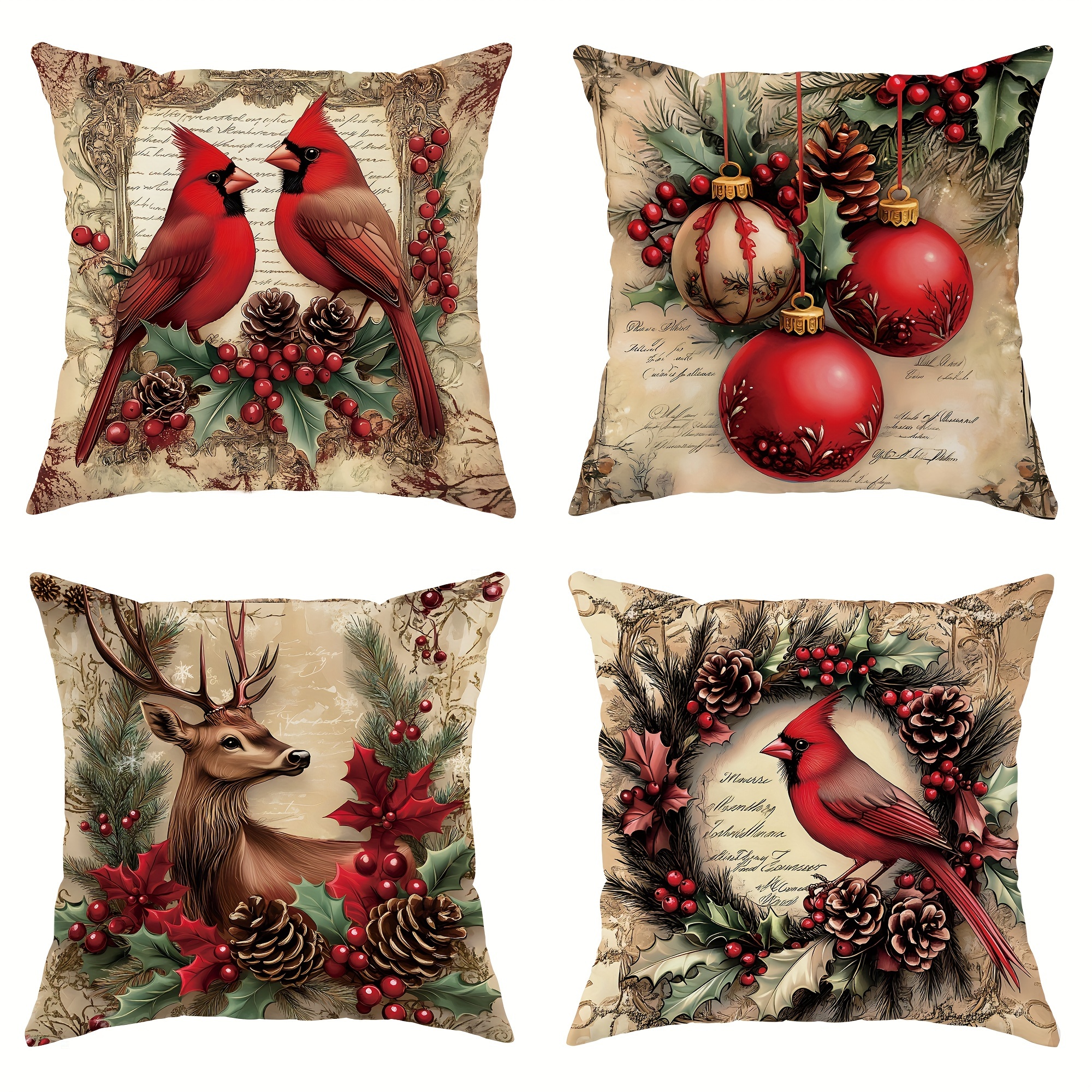 

4-pack Christmas Velvet Throw Pillow Covers, 18x18 Inch, & Deer , Zipper Closure, Machine Washable, Polyester, Decorative Pillowcases For Sofa And Living Room - No Inserts