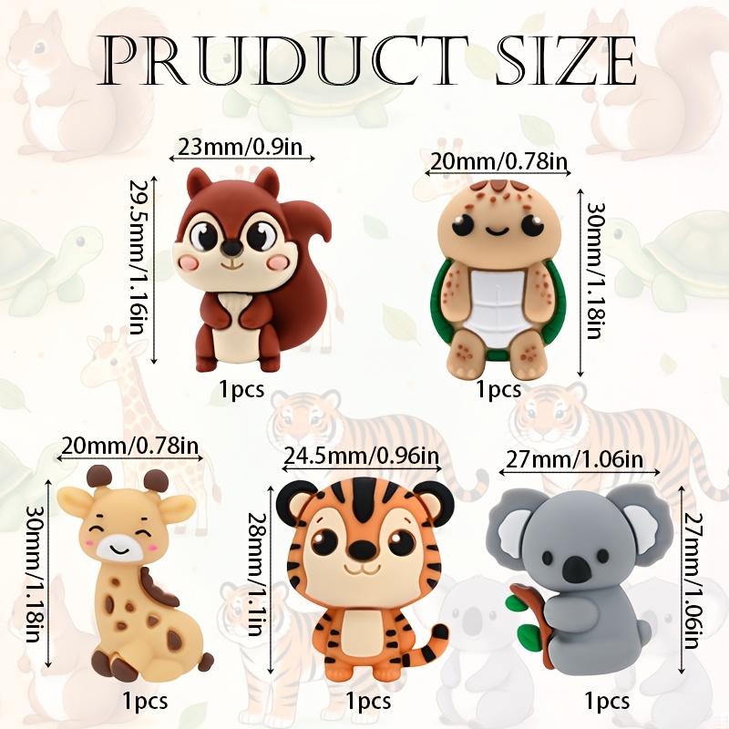 TEMU 5pcs Perles en silicone 3D stéréoscopiques d'animaux, 5 types, ensemble de perles en silicone, perles focales en silicone , adaptées à la