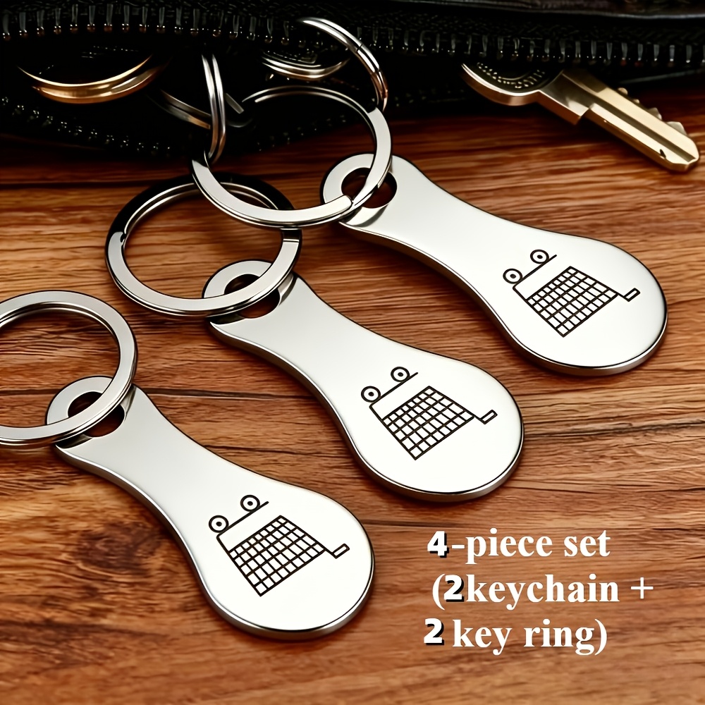TEMU 4pcs/set (2pcs Keychains And 2pcs Key Rings) Stainless Steel Shopping Cart Keychain Set, Unisex, Classic Fashion Easy Style, With Shopping Cart