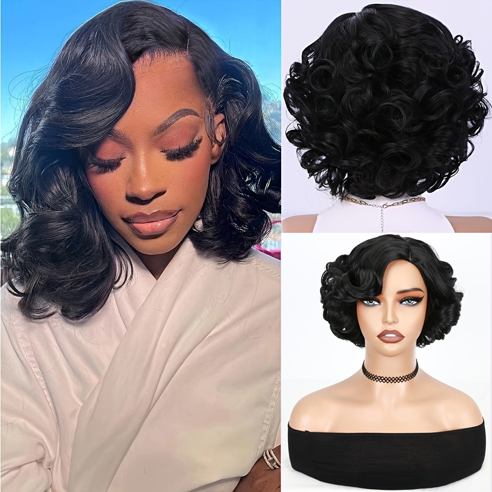 

Short Curly Bob Wigs Natural Black Loose Wave Synthetic Side Part Wig For Women 10 Inch Short Body Wave Hair Big Curly Wig