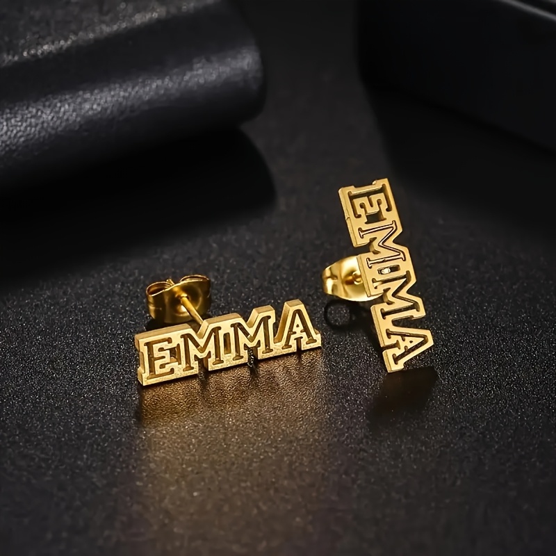 TEMU Custom Stylish And Elegant Name Stud Earrings, Personalized Hollow Letter Post Earrings, Minimalist Stainless Steel Studs, Trendy Everyday