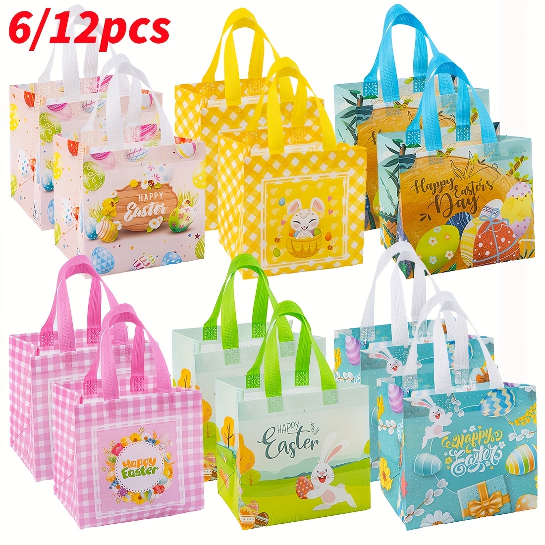 

6/ 12pcs Easter Gift Bags, Easter Baskets With Handle Gift Bags Reusable Non-woven Tote Bags For Easter Holiday Supplies Open Size 7.9x5.9x7.9inch