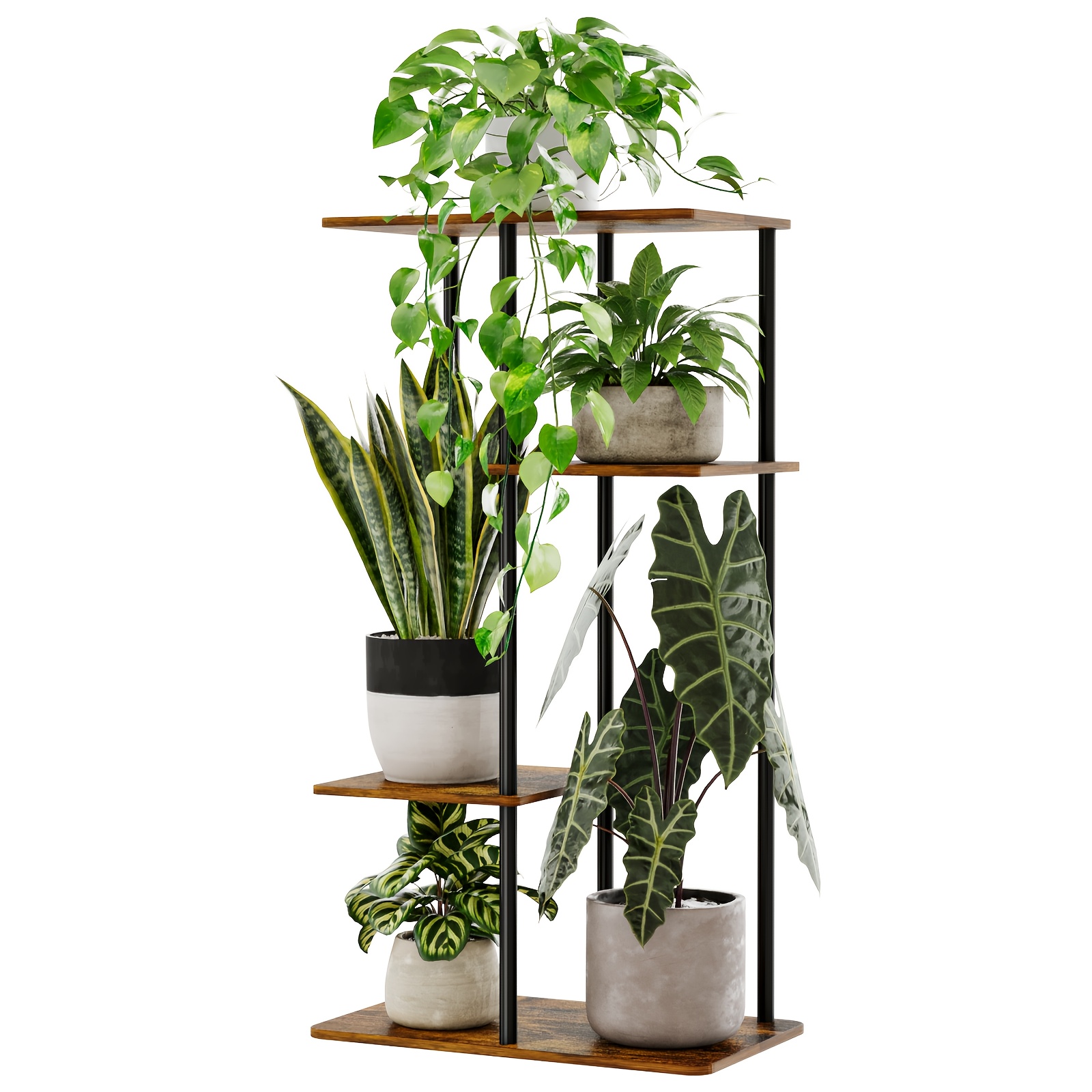 TEMU Support de Plantes BF 4 Niveaux avec 5 Pots, Étagère pour Plantes d'Intérieur, Multiples Supports pour Jardin, Coin, Balcon, Salon (Marron)